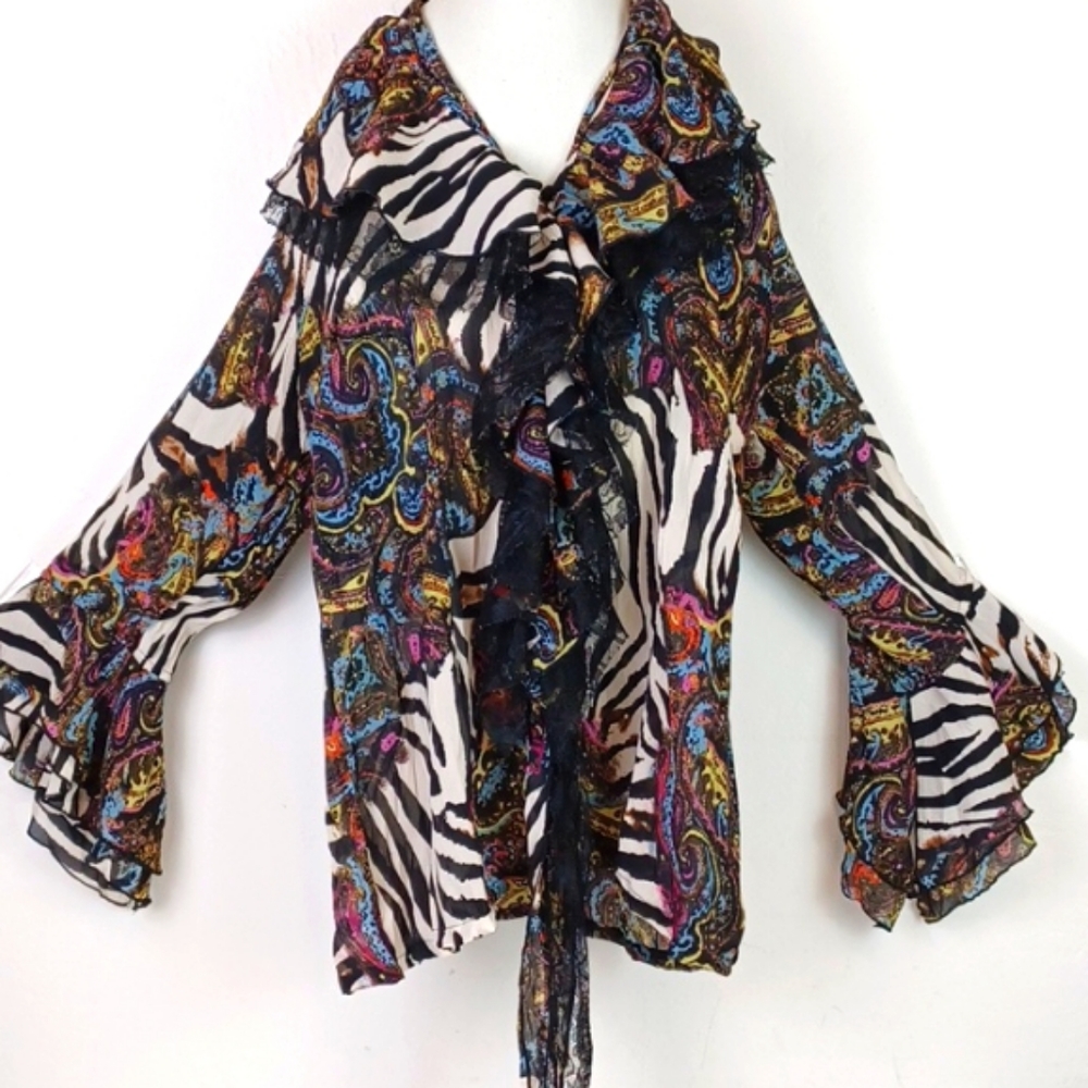 LE CAVIAR Zebra Floral-Graphic Lace Ribbon Ruffle Bell Sleeve  Edgy Blouse SZ L - Picture 5 of 15